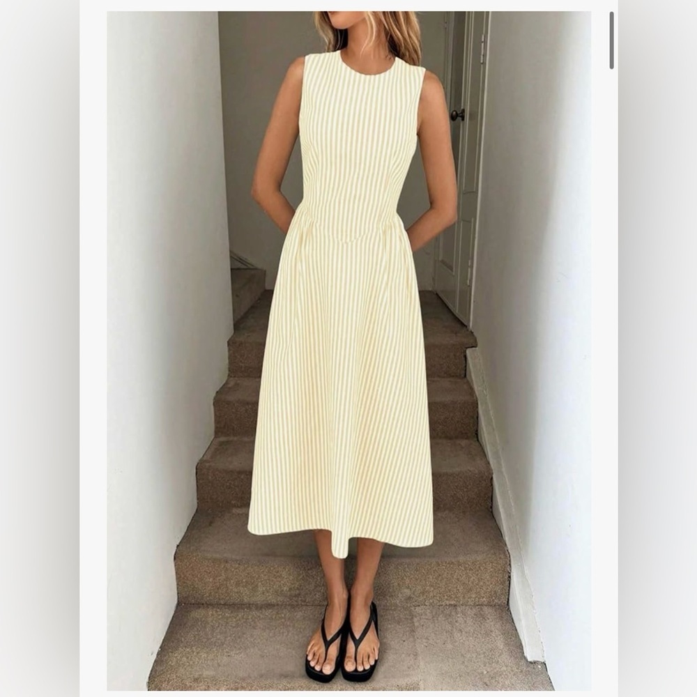 Yellow and white striped midi dress